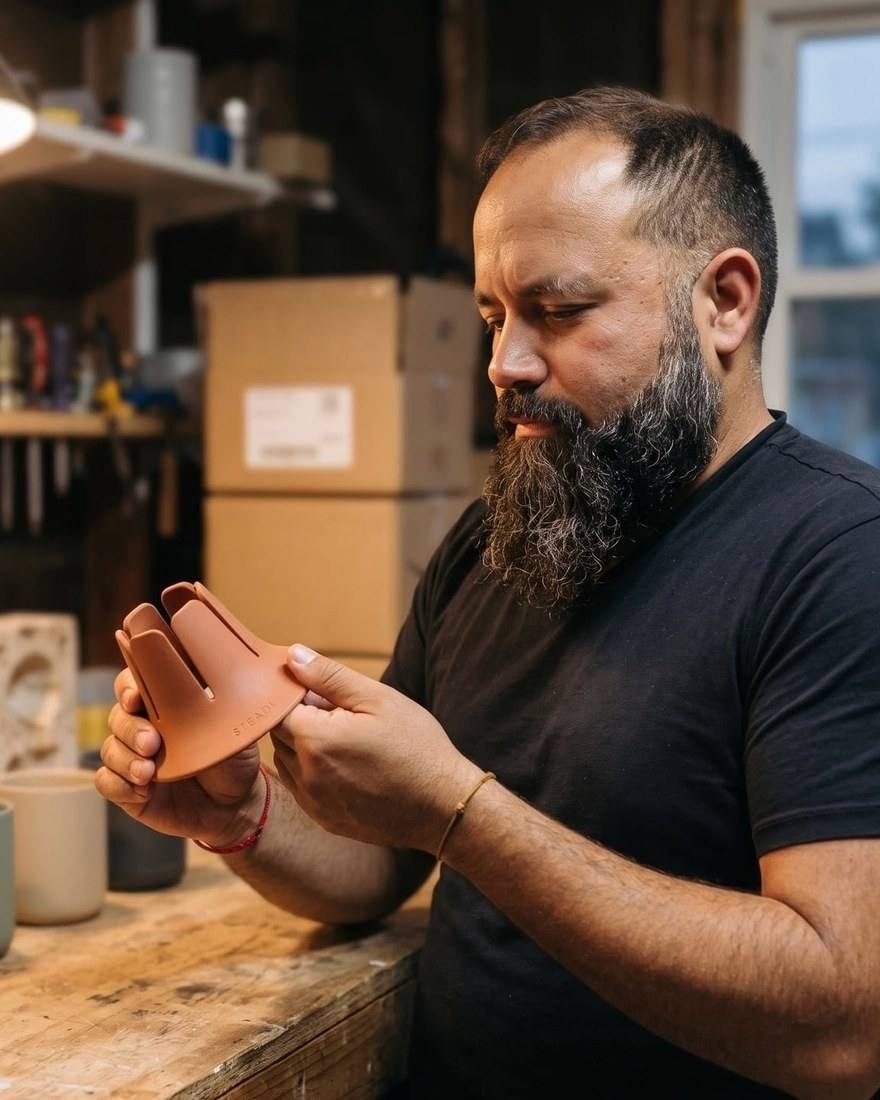 Scott Rodriguez at a workbench holding a terracotta Steadi, shipping boxes behind him.