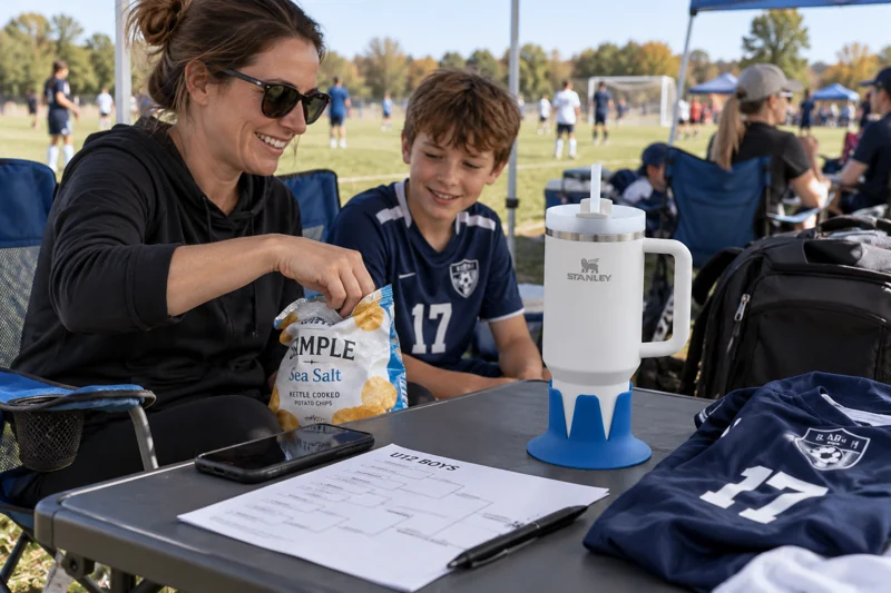 Family between tournament games at folding camp setup with 40-ounce Stanley Quencher H2.0 with straw in Steadi on wide stable portable sideline table beside parent seat. AI illustration.